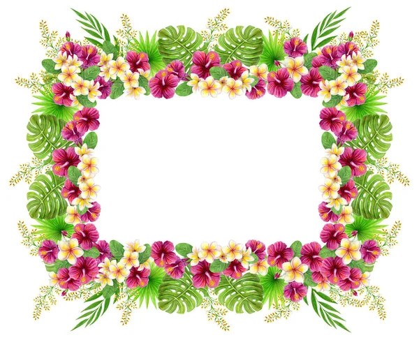 Tropical frame. Hand drawn watercolor painting border with hibiscus flowers and palm leaves. Aloha Hawaii greeting.