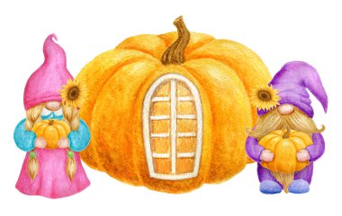 Ellerinde balkabağı olan cüceler ve balkabağı evinin arka planında şapka takan ayçiçekleri. Şükran Günü ya da Hasat Günü kart tasarımı. Suluboya çizimi.