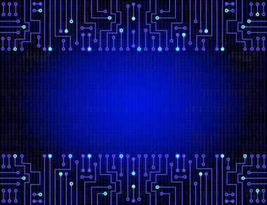 İkili kod arkaplanındaki elektronik devre çerçevesi. Yüksek teknoloji konsepti. Dijital afiş. Gelecekteki teknolojiler.