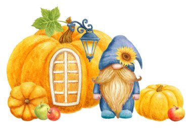 Pencere ve fenerli balkabağı evinin arka planında balkabağı ve elmalı cüce. Şükran Günü ya da Hasat Günü kart tasarımı. Suluboya çizimi.
