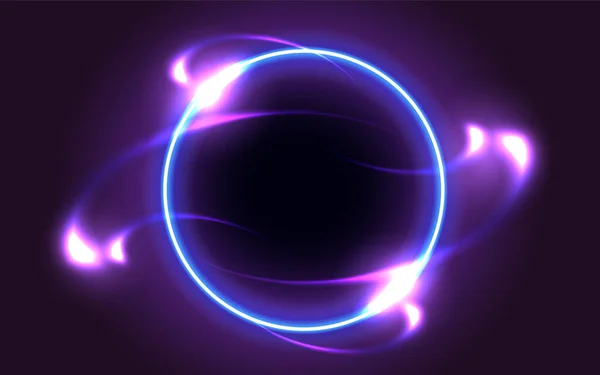 暗い幻想的な背景に青い丸枠を光る 別の次元への抽象的なネオン空間ポータル — ストックベクタ
