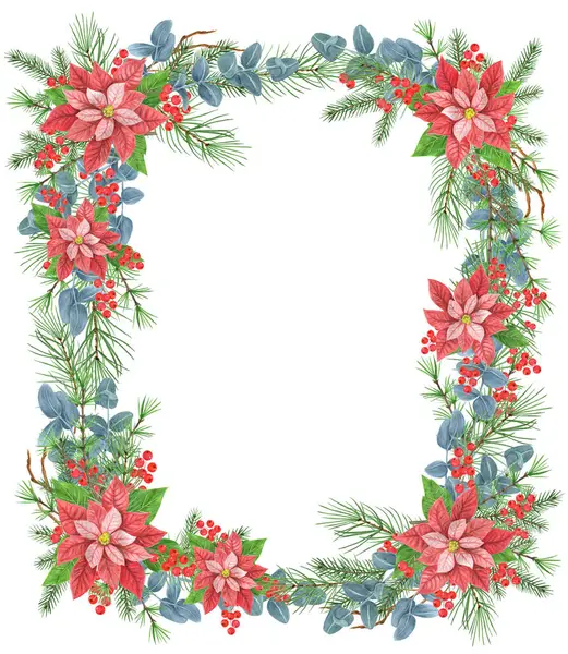 Christmas Frame Watercolor Poinsettia Greenery Spruce Pine Tree Twig Holly — Stock Photo, Image