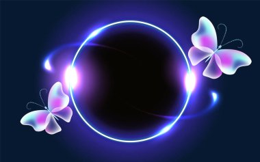 Sihirli şeffaf kelebeklerle parıldayan neon bir çerçeve. Soyut fantastik mavi arkaplan.