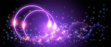 Soyut fantastik arkaplan, neon ışıklı yuvarlak çerçeve ve parlak ışık alanı portalıyla başka bir boyuta. Gece parlayan yıldızlar.