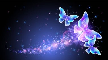 Fantezi ile sihirli kelebekler ve parlak izler ve karanlık gece arka planında parlayan yıldızlar.