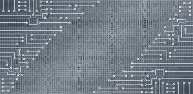 İkili kod arka planında elektronik devre. Yüksek teknoloji konsepti. Parlak dijital afiş. Gelecekteki teknolojiler.