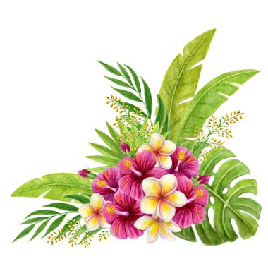Tropik bir buket. Beyaz arka planda pembe Çin gülü çiçekleri, frangipani ve palmiye yapraklarıyla el yapımı suluboya resim. Çiçekli yaz kompozisyonu. Tasarım ögesi.