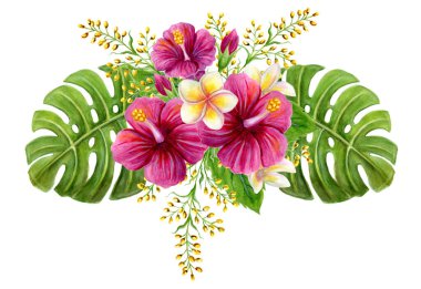 Tropik bir buket. Beyaz arka planda pembe Çin gülü çiçekleri, frangipani ve palmiye yapraklarıyla el yapımı suluboya resim. Çiçekli yaz kompozisyonu. Tasarım ögesi.