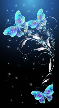 Sihirli mavi şeffaf kelebeklerle, çiçekli süslemelerle ve yıldızlarla dolu bir gece masalı. Fantezi ışıltı arka planı.