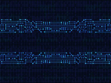 İkili kod arkaplanındaki elektronik devre çerçevesi. Yüksek teknoloji konsepti. Parlak dijital afiş. Gelecekteki teknolojiler.