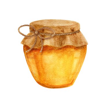 Cam kavanozdaki bal. Sağlıklı doğal beslenme kavramı. Suluboya çizimi.