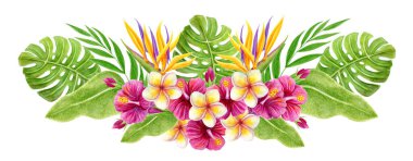 Tropik çiçekler ve yeşillik buketi. Hibiscus çiçekleri ve beyaz arka planda izole edilmiş palmiye yapraklarıyla el yapımı suluboya resim. Tasarım elemanı. Aloha Hawaii selamlar. 