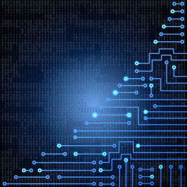 Elektronik devre arka planda parlıyor. Yüksek teknoloji konsepti. Dijital afiş. Gelecekteki teknolojiler.