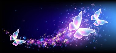 Kozmik uzayda parlayan yıldızların arasında gece gökyüzünde uçuşan parıltılı ve ışıltılı patikalı uçan kelebekler. Hayvan Koruma Günü konsepti.