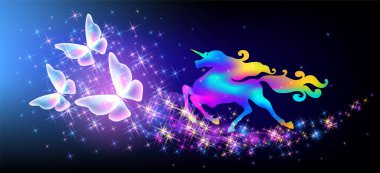 Galloping iridescent unicorn with luxurious winding mane and flying magic butterflies against the background of the fantasy universe with sparkling stars.	
