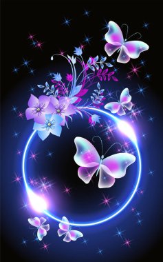 Sihirli şeffaf kelebekler ve çiçeklerle parıldayan neon bir çerçeve. Soyut fantastik mavi arkaplan.