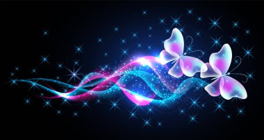 Fantastik kelebekler ve sihirli kıvrımlı şeffaf duman dalgaları. Koyu mavi gece arka planında parlayan yıldızlar.