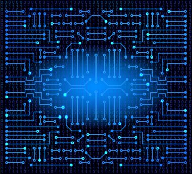 İkili kod arka planında elektronik devre. Yüksek teknoloji konsepti. Parlak dijital afiş. Gelecekteki teknolojiler.