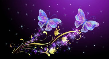 Sihirli mavi kelebeklerle, çiçekli süslemelerle ve yıldızlarla dolu bir gece masalı. Fantezi ışıltı arka planı.