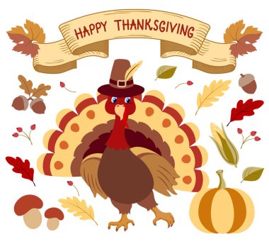 Şükran Günü 'nde hacı şapkalı, balkabağı, böğürtlen, meşe palamudu, mısır ve sonbahar yapraklı komik hindilerle klasik kurdeleli kartpostalı selamlamak için..