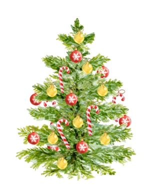 Beyaz arka planda izole edilmiş suluboya resimli süs topları olan Noel ağacı. Yeni yıl için el yapımı kış ladini Noel dekoru ya da kutlama kartı.