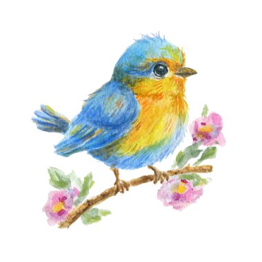 Spring composition consisting of cherry flowers, green leaves and  baby bird sitting on branch. Watercolor illustration for greeting card or invitation.	