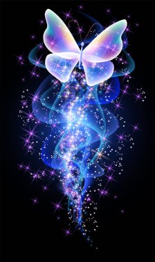 Fantastic transparent butterfly and magical curving transparent waves with glowing stars on night dark background
