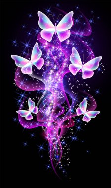 Fantastik şeffaf kelebekler ve gece karanlığında parlayan yıldızlı şeffaf dalgalar.