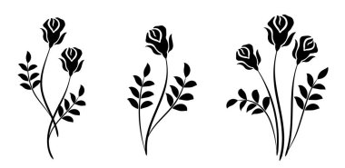 Gül çiçekleri ve yapraklarla süslenmiş çiçek. Dekorasyon ve metin selamlama veya davetiye kartı tasarımı için zarif dekoratif öğeler Clipart. 