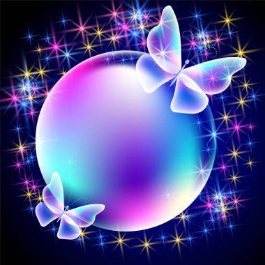 Şeffaf ışıltılı küre baloncuğu ruhani kelebeklerle çevrili ve ışıl ışıl yıldızlı arka plan biraz sihir, fantezi ya da rüya gibi bir ruh hali gerektiren tasarımlar için. 