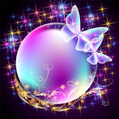 Şeffaf ışıltılı küre baloncuğu ruhani kelebeklerle çevrili ve ışıl ışıl yıldızlı arka plan biraz sihir, fantezi ya da rüya gibi bir ruh hali gerektiren tasarımlar için. 