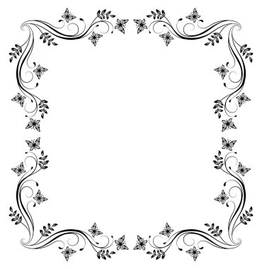 Yapraklı ve kelebekli çiçek desenli süs. Dekor ve metin karşılama veya davetiye kartı tasarımı için zarif dekoratif öge.