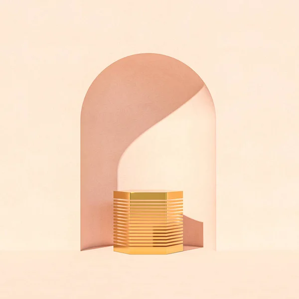 粉红色的小生境和金黄色的六边形基座 3D渲染 — 图库照片