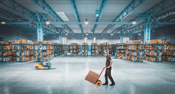 Man Handtruck Move Warehouse — Stock Photo, Image