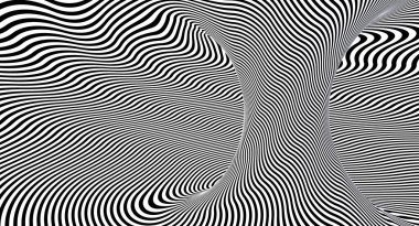 Kavisli siyah beyaz çizgileri olan geometrik soyut bir arkaplan. 3d hazırlayıcı