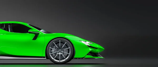 緑のスポーツカー暗い背景のサイドビュー 3Dレンダリング — ストック写真