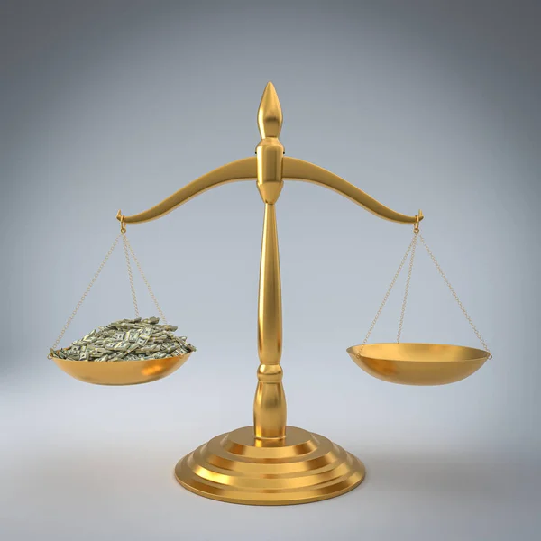 Золотые Весы Правосудия Долларовыми Пачками Денег Рендеринг — стоковое фото
