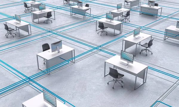 办公室工作站分为具有以太网电缆的区域 3D渲染 — 图库照片