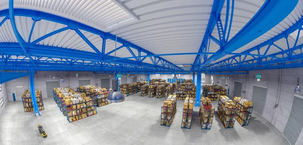 interior of a warehouse full of goods. fish eye view. 3d render