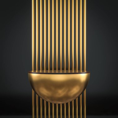 Altın yarıküresel podyumun ve siyah arkaplanın soyut arkaplanı. 3d hazırlayıcı