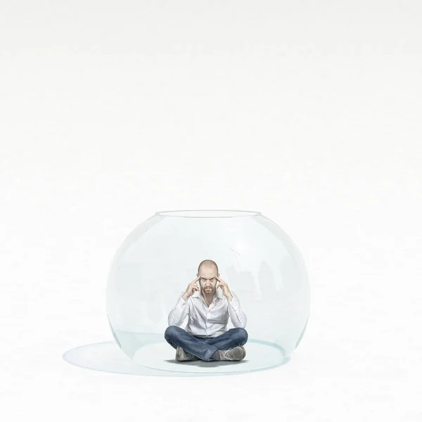 Düşünceli Bir Adam Cam Bir Balonun Içinde Oturuyor — Stok fotoğraf