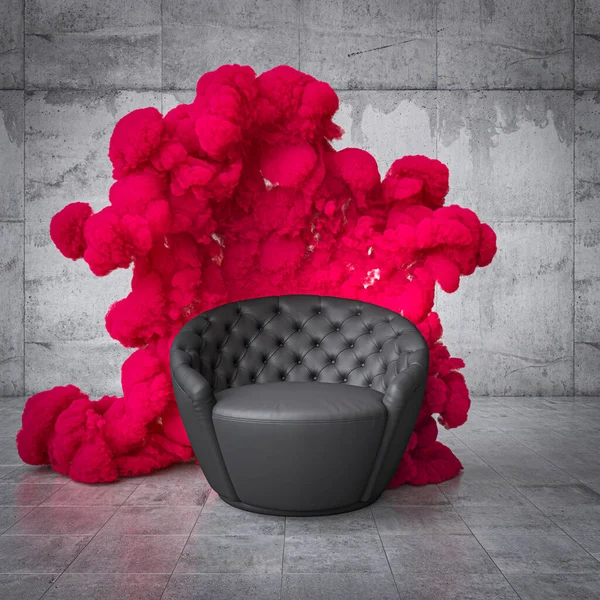 黑色皮革扶手椅和洋红色烟雾背景 3D渲染 — 图库照片