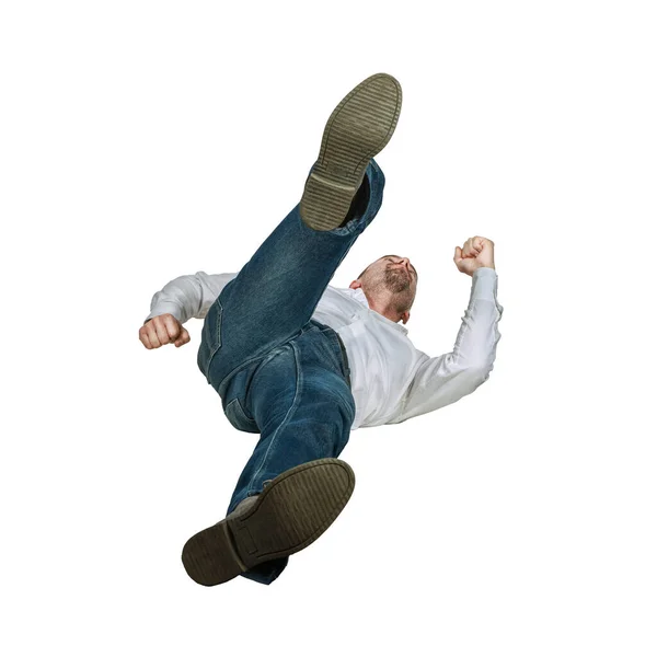 Man Springt Van Onderen Gezien Geïsoleerd Wit — Stockfoto
