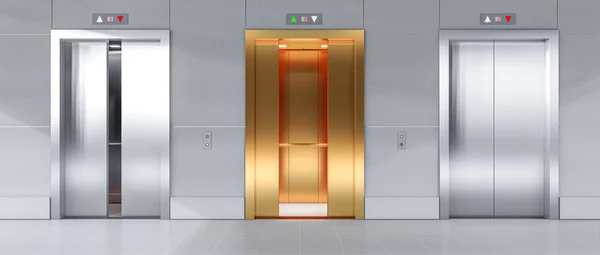 Стальные Золотые Лифты Двери Открываются Иначе Рендеринг — стоковое фото
