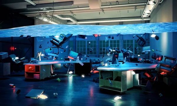 Office Flooded Glowing Fish Night Render — Stock Photo, Image