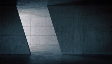 Modern güçlendirilmiş beton iç mekan, çapraz elementler ve bir tarafta ışık. 3d hazırlayıcı