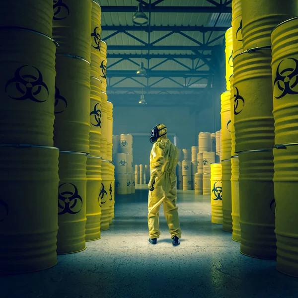 Man Yellow Protective Suit Warehouse Metal Drums Radioactive Chemical Waste — Stock Photo, Image