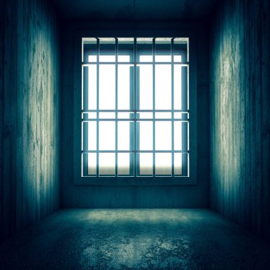 concrete prison cell interior and bars at bright window. 3d render