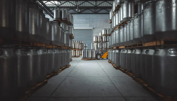 warehouse full of metal barrels and forklift in the background. 3d render
