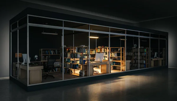 Separate Cell Offices Dark One Illuminated Render — Stock fotografie